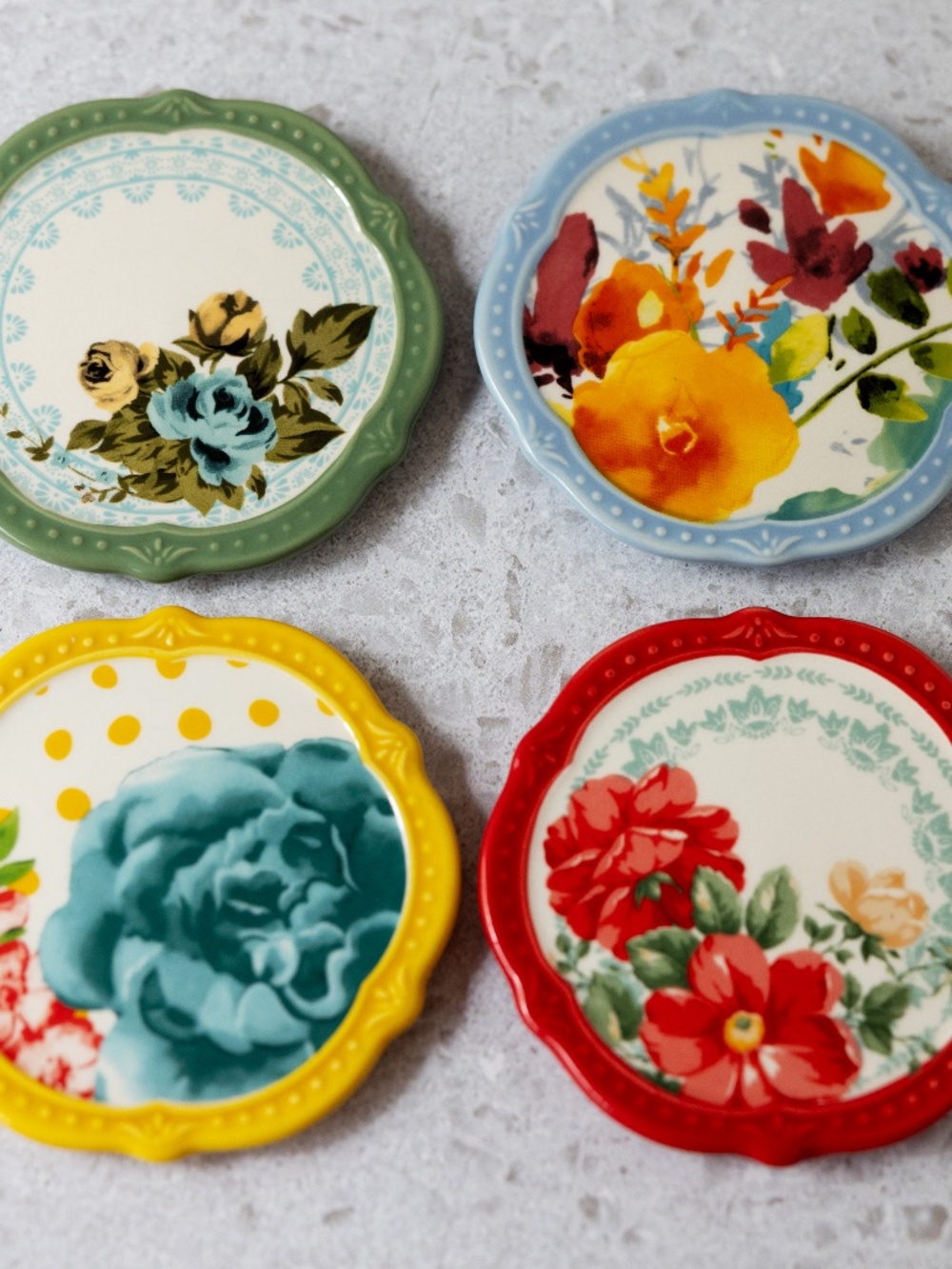 Pioneer Woman 4 pc Set Stoneware Coasters Willow Rose Jubilee Floral Blossom